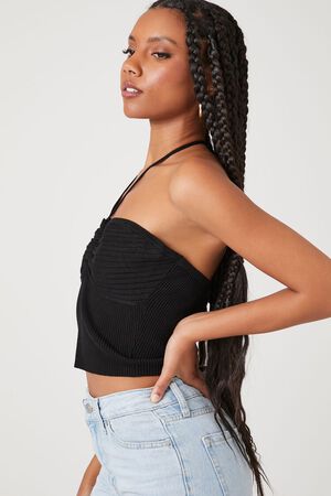 BLACK Sweater-Knit Halter Crop Top, image 2