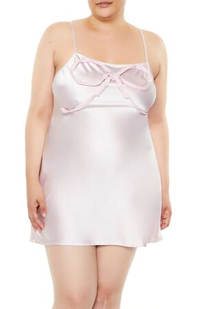 PINK Plus Size Satin Bow Mini Slip Dress, image 2
