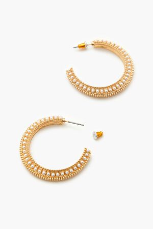 GOLD/CREAM Etched Faux Pearl Hoop Earrings, image 3