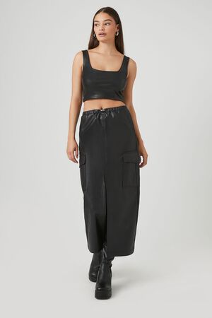 BLACK Faux Leather Maxi Slit Skirt, image 1