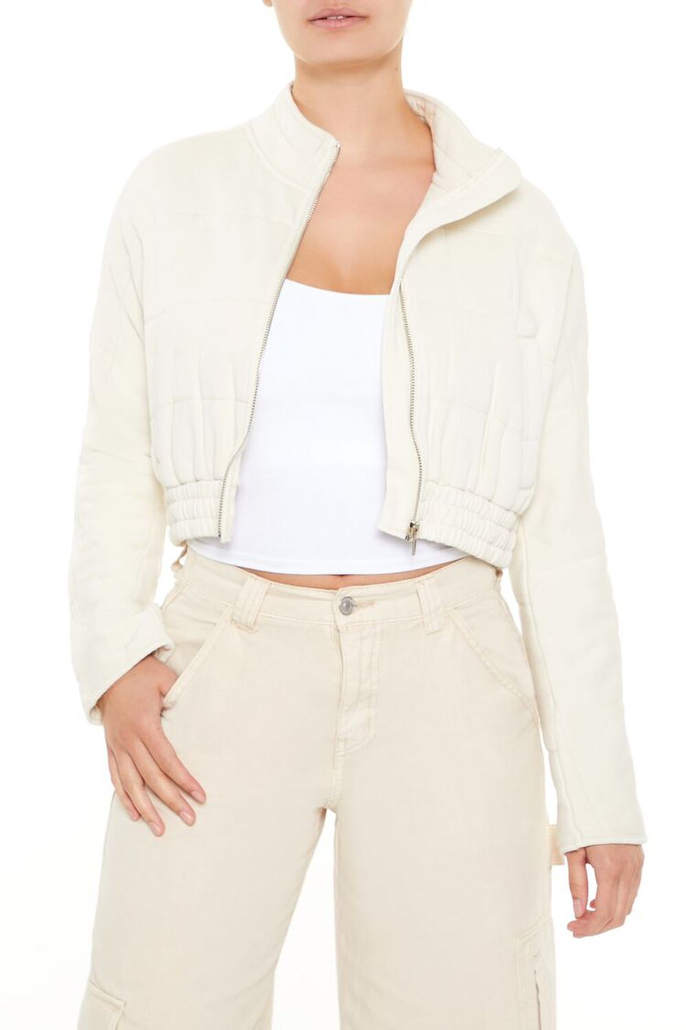 WHITE Quilted Zip-Up Cropped Jacket, image 1
