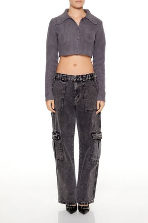 OLIVINE  Cropped Rib-Knit Cardigan Sweater, image 2