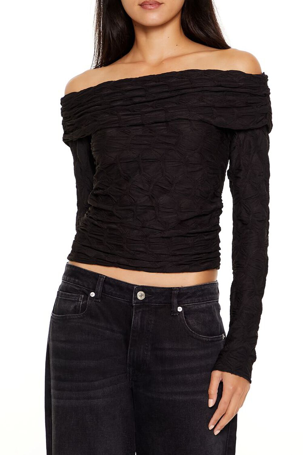 BLACK Textured Off-the-Shoulder Top, image 1