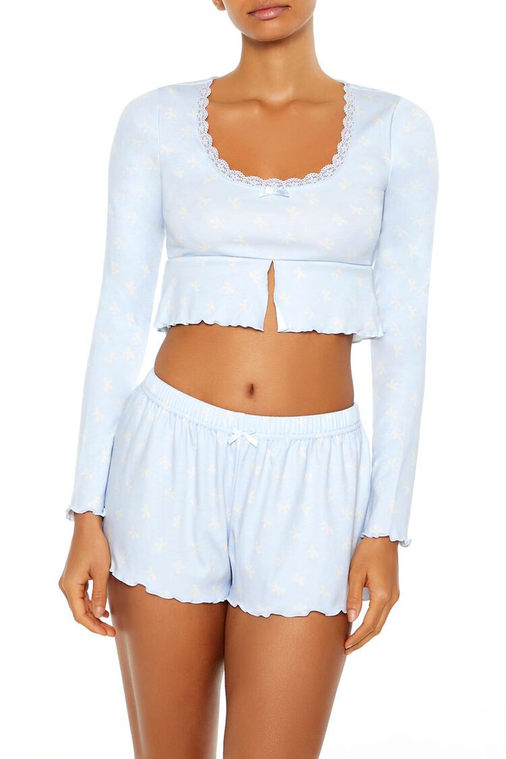 BLUE/WHITE Bow Print Flounce Pajama Crop Top, image 1