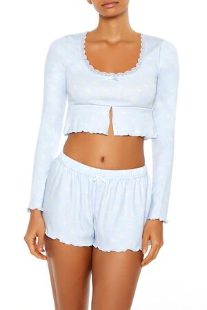 BLUE/WHITE Bow Print Flounce Pajama Crop Top, image 1
