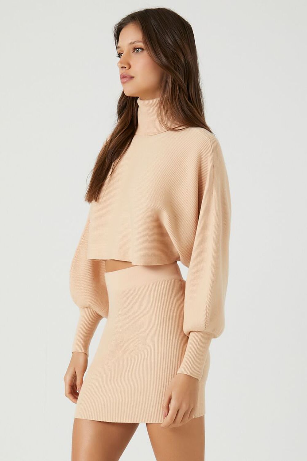 TAUPE Sweater-Knit Turtleneck Top & Skirt Set, image 2