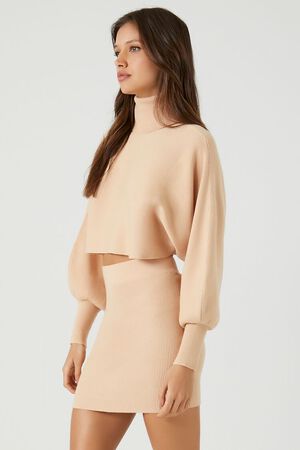 TAUPE Sweater-Knit Turtleneck Top & Skirt Set, image 2