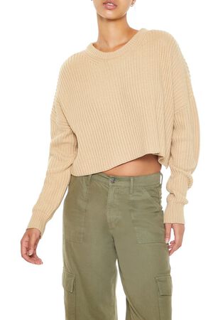 TAUPE Cropped Rib-Knit Sweater, image 1