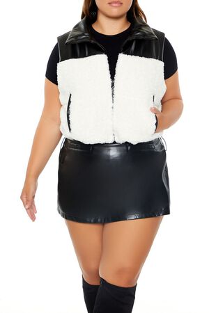 BLACK Plus Size Faux Shearling & Leather Vest, image 1