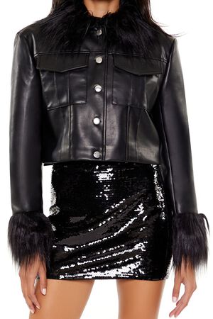 BLACK/BLACK Faux Fur & Leather Trucker Jacket, image 3