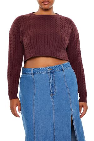 MERLOT Plus Size Cable Knit Cropped Sweater, image 1