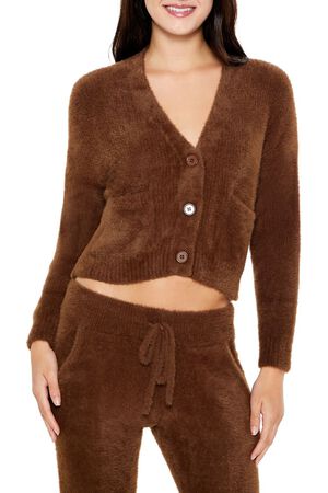BROWN Fuzzy Cardigan Sweater, image 1
