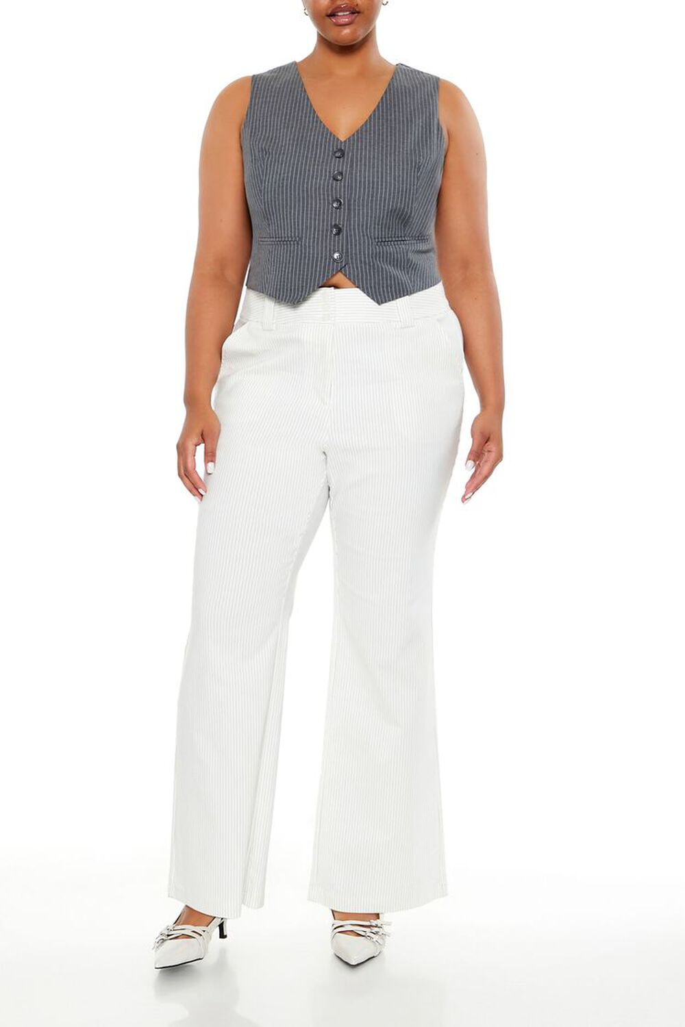 WHITE/BLACK Plus Size High-Rise Trouser Pants, image 1