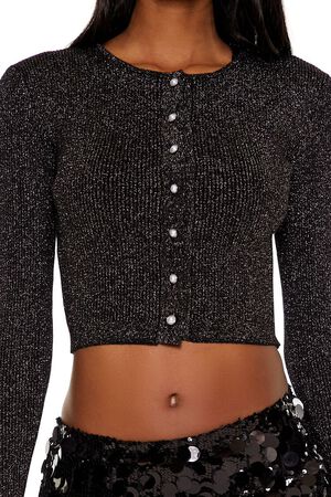 BLACK Faux Pearl Glitter Cardigan Sweater, image 3