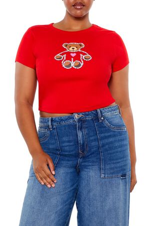 RED/MULTI Plus Size Sequin Teddy Bear Baby Tee, image 1