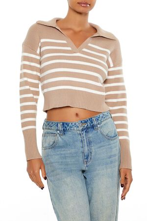 BROWN/WHITE Striped Cropped Sweater, image 1