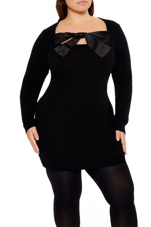 BLACK Plus Size Satin Bow Mini Dress, image 2