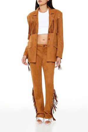 PINE BARK Rhinestone Fringe Faux Suede Pants, image 1