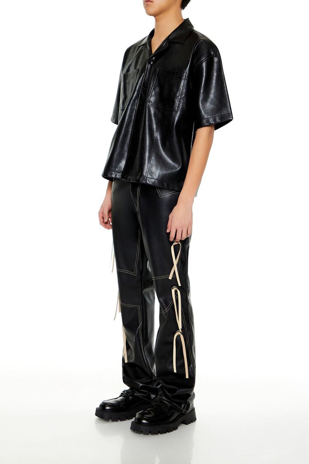 BLACK/CREAM Two-Tone Faux Leather Flare Pants, image 3