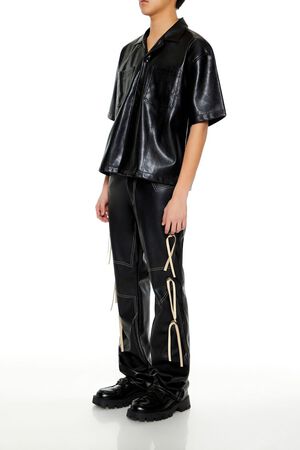 BLACK/CREAM Two-Tone Faux Leather Flare Pants, image 3