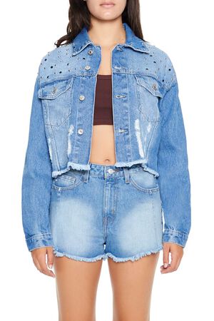 MEDIUM DENIM Studded Denim Trucker Jacket, image 1