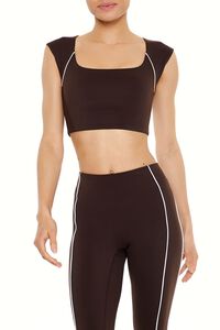 TURKISH COFFEE/WHITE Active Piped-Trim Crop Top, image 1