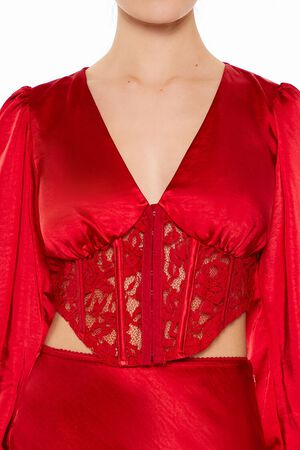 DARK RED Satin & Lace Corset Crop Top, image 3