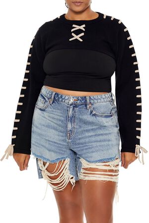 BLACK/MULTI Plus Size Cropped Tie-Trim Sweater, image 1