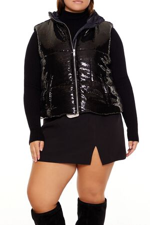 BLACK Plus Size Sequin Zip-Up Vest, image 1