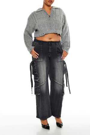 DARK GREY Plus Size Cable Knit Cropped Sweater, image 2