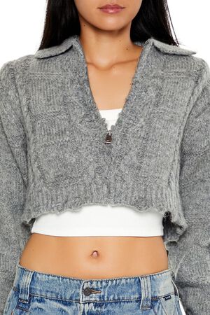 DARK GREY Cable Knit Sharkbite Half-Zip Sweater, image 3