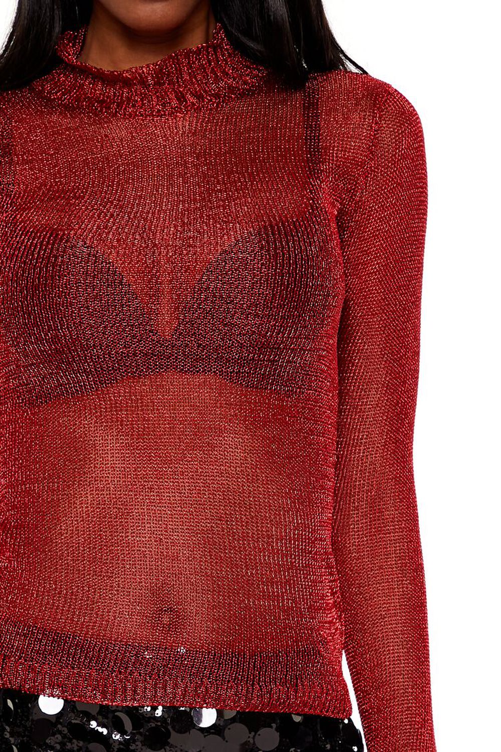 DARK RED Sheer Glitter Turtleneck Sweater, image 3