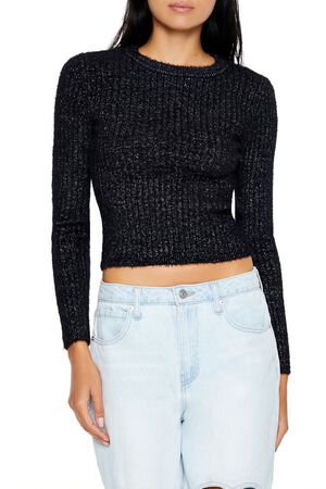 WHITE Ribbed Fuzzy Knit Sweater, image 1