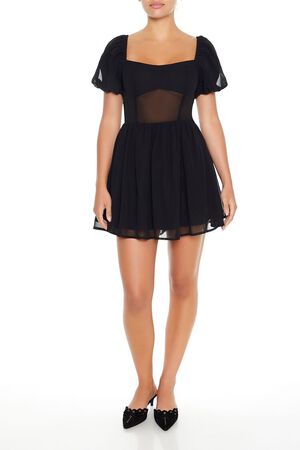 BLACK Puff-Sleeve Babydoll Mini Dress, image 1