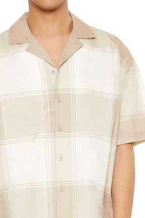 TAUPE/CREAM Plaid Drop-Sleeve Cropped Shirt, image 3