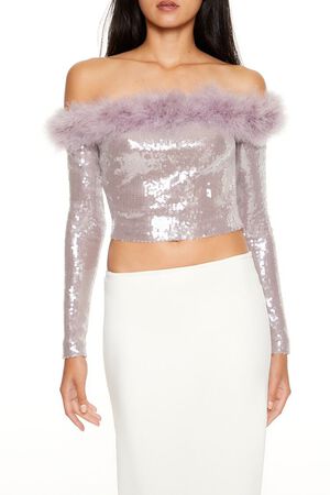LAVENDER Faux Fur-Trim Sequin Crop Top, image 1