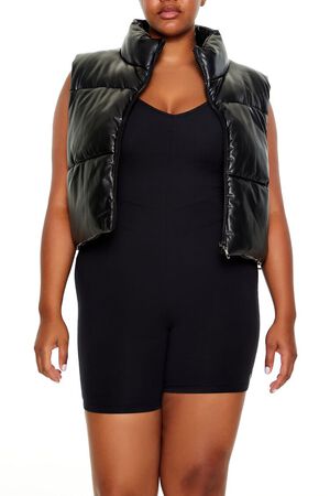 BLACK Plus Size Faux Leather Puffer Vest, image 1