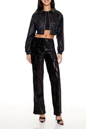 BLACK Sequin High-Rise Straight Pants, image 1