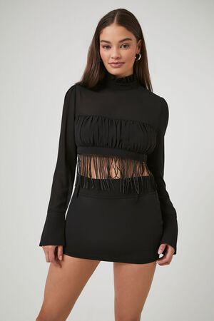 BLACK Fringe Mock Neck Crop Top, image 1