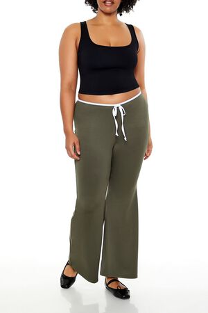 OLIVE/WHITE Plus Size Tie-Waist Flare Leggings, image 1