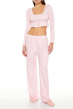 PINK/WHITE Polka Dot Bow Pajama Crop Top, image 1