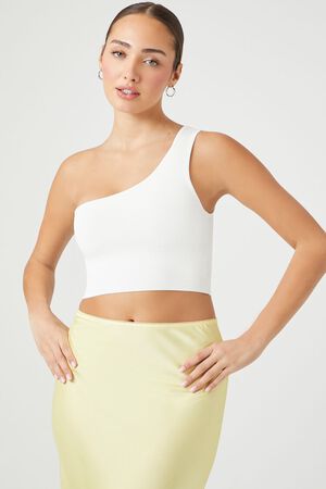 WHITE Sweater-Knit One-Shoulder Crop Top, image 1