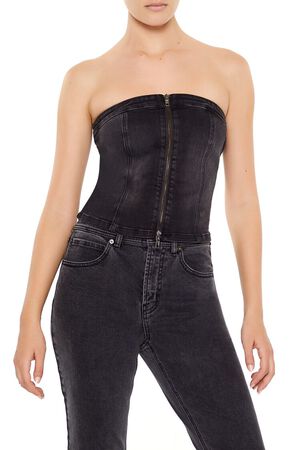 BLACK Denim Zip-Front Cropped Tube Top, image 1