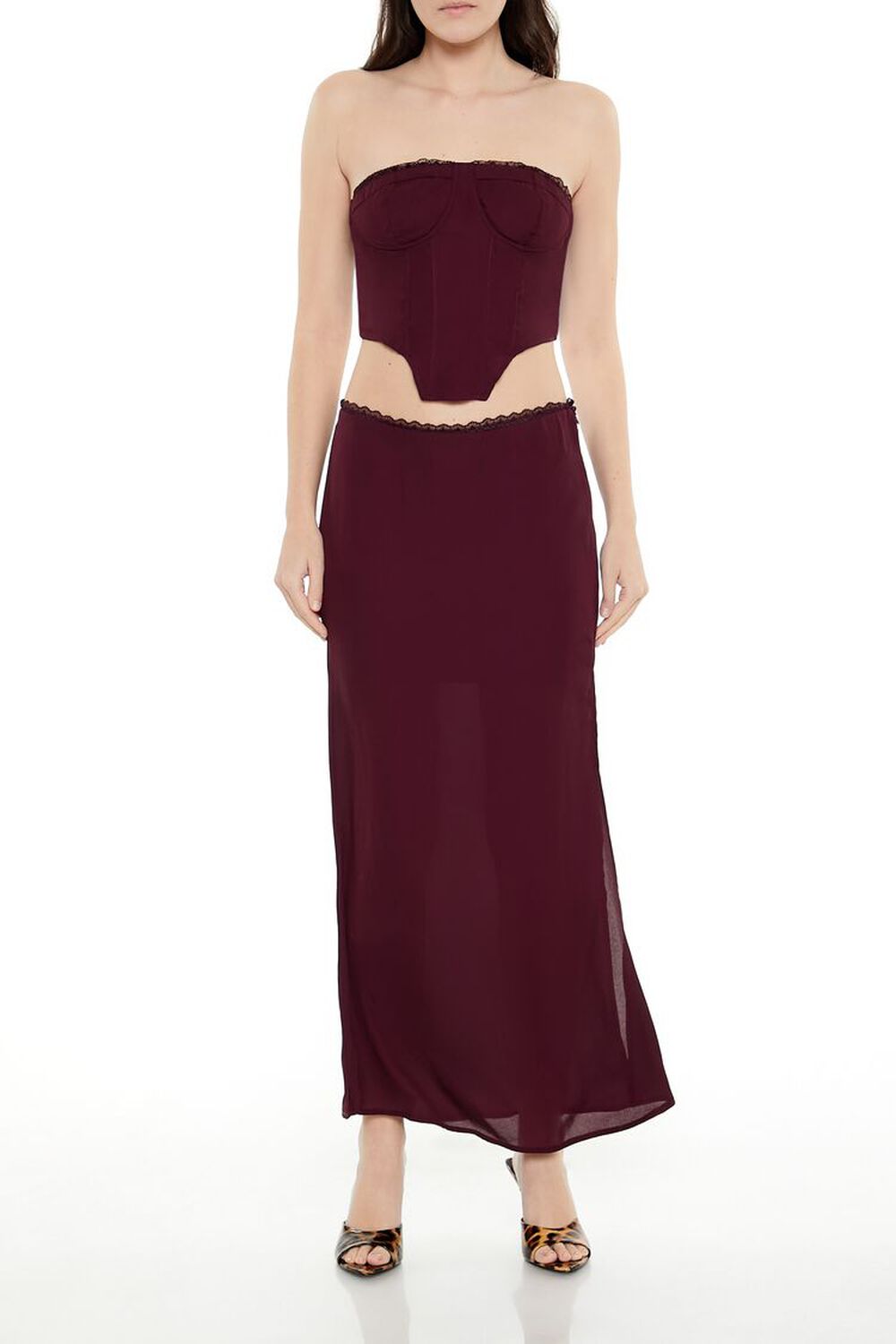BURGUNDY Lace-Trim Bustier Tube Crop Top, image 2