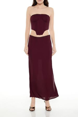 BURGUNDY Lace-Trim Bustier Tube Crop Top, image 2