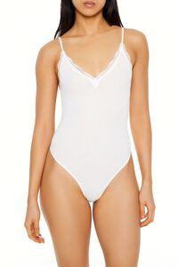 WHITE Seamless Lace-Trim Thong Bodysuit, image 2