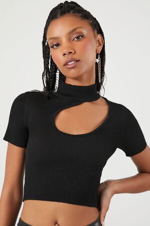BLACK Sweater-Knit Cutout Crop Top, image 1