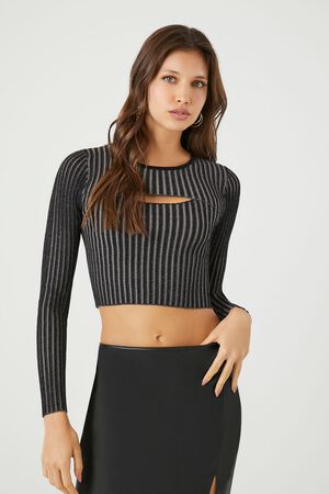 BLACK/GREY Cutout Sweater-Knit Crop Top, image 1