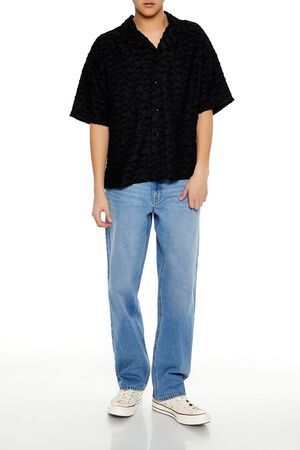 BLACK Frayed Jacquard Cuban Collar Shirt, image 2