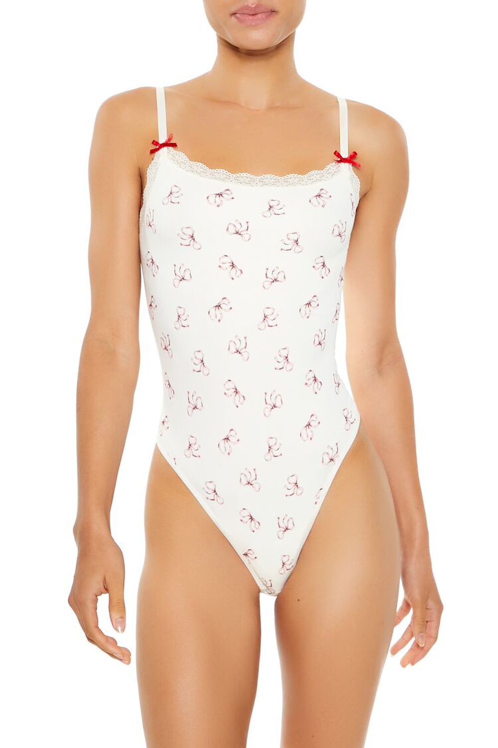 WHITE/HIGH RISK RED Seamless Bow Lingerie Bodysuit, image 2